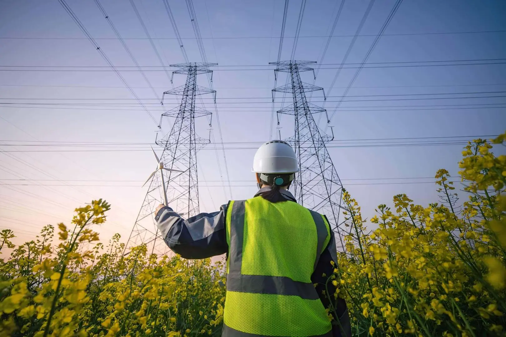Worker inspecting high-voltage power lines in the field.