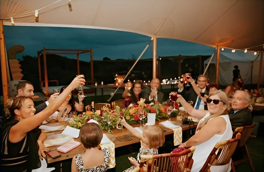 People toasting at an outdoor dinner party.